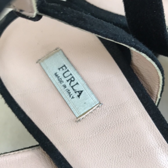 EUC Furla Italy sz 39 sandal heels black suede chunky heel strappy ankle strap - Picture 10 of 14